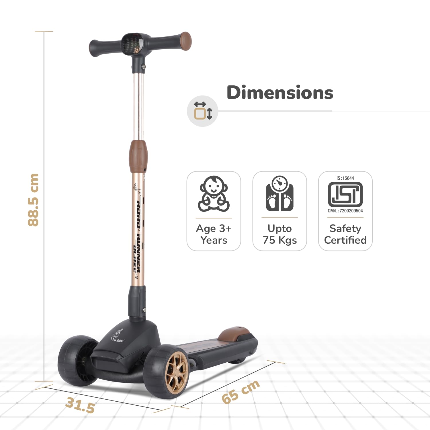 "The R for Rabbit Road Runner Blaze, a premium foldable 3-wheel kick scooter for children, presented in a sleek dark grey with stylish gold wheel accents. This scooter boasts durable PU LED light-up wheels, 4 adjustable height levels to grow with your child, and integrated light & music features for an enhanced riding experience. Available at Usmile Toys." www.usmile toys